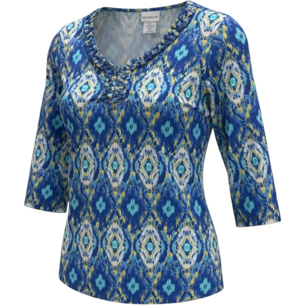 Bonworth Womens Blue Yellow Ikat Diamond Print V-Neck Ruffle Trim Top SP